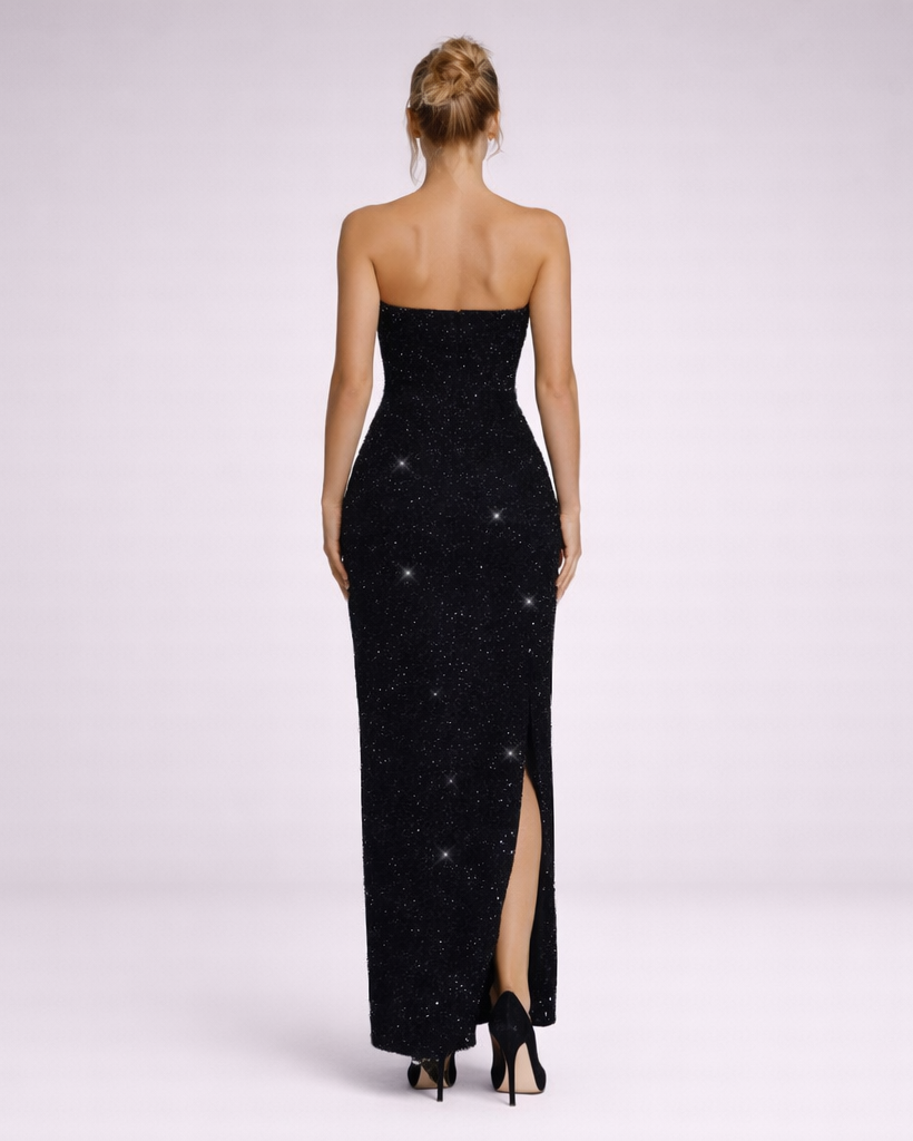 Nari | zwarte strapless maxi jurk dames - met watervalhals en glinsterende details