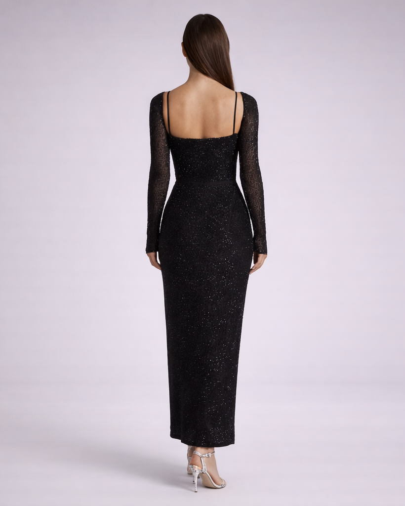 Sura | zwarte dames maxi jurk met mouwen & schittering