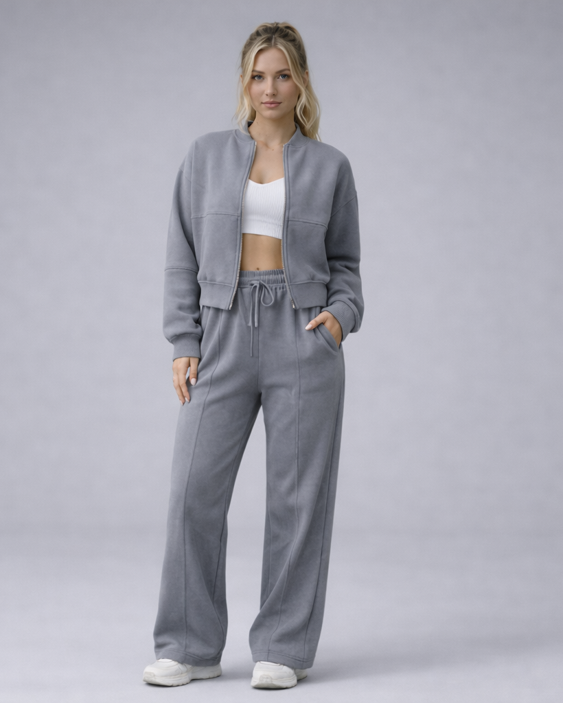 Toria | tweedelige dames set – gebreide zip-up sweater en broek